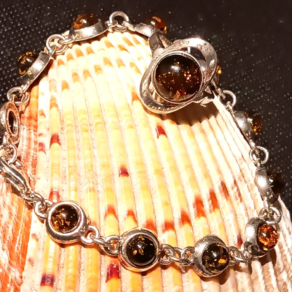 Set Baltic Amber Bracelet Ring Sterling Silver - Picture 7 of 15